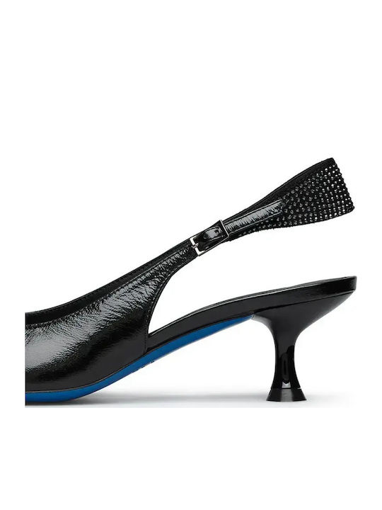 Leather Pointed Toe Heels with Strap & Mid Heel Black