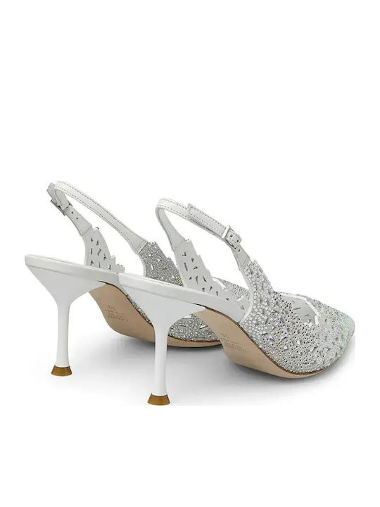 Suede Pointed Toe Heels with Strap & High White Heel