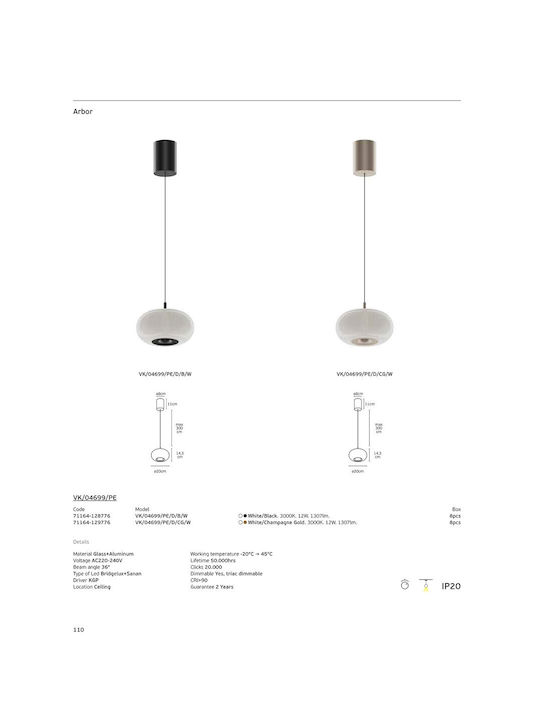 VK Lighting White LED Pendant Ceiling Light with Warm White Light
