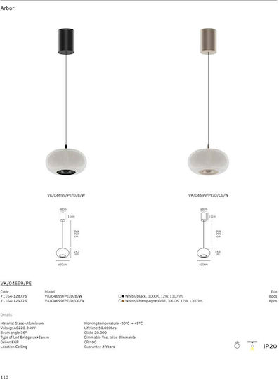 VK Lighting White LED Pendant Ceiling Light with Warm White Light