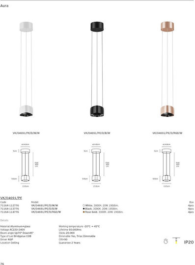 VK Lighting Κρεμαστό Φωτιστικό Μαύρο LED με Θερμό Λευκό Φως