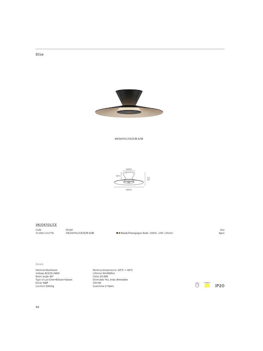 VK Lighting Ceiling Light Black with Integrated LED