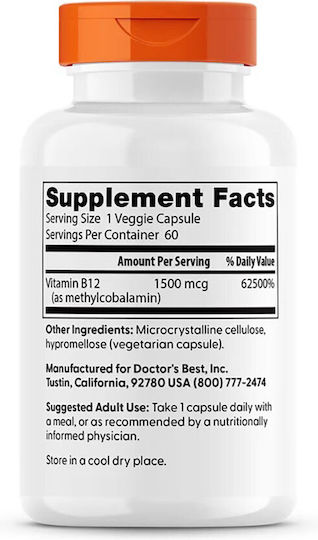 Doctor's Best Fully Active B12 1500mcg Βιταμίνη για την Υγεία του Νευρικού Συστήματος 1500mcg 60 φυτικές κάψουλες