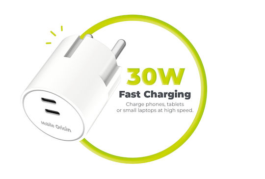 Mobile Origin Charger Without Cable GaN with 2 USB-C Ports 30W Power Delivery White (PW33)