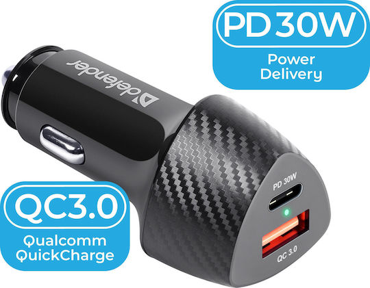 Defender Φορτιστής Αυτοκινήτου 30W Γρήγορης Φόρτισης με Θύρες: 1xUSB 1xType-C