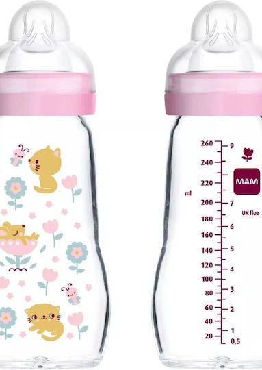 Mam Glass Baby Bottle Feel Good with Silicone Nipple for 2+ months Pink Pink Kitty-Flowers 260ml