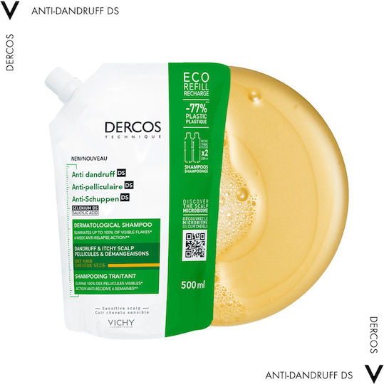Vichy Dercos Anti Dandruff DS Refill Шампоан за Чувствителен Скалп против Пърхот и Суха Кожа за Суха Коса 500ml