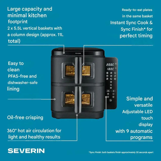Severin Duo Stack Heißluftfritteusen mit Wi-Fi & Doppelter Abnehmbarer Behälter 5,5 l Schwarz