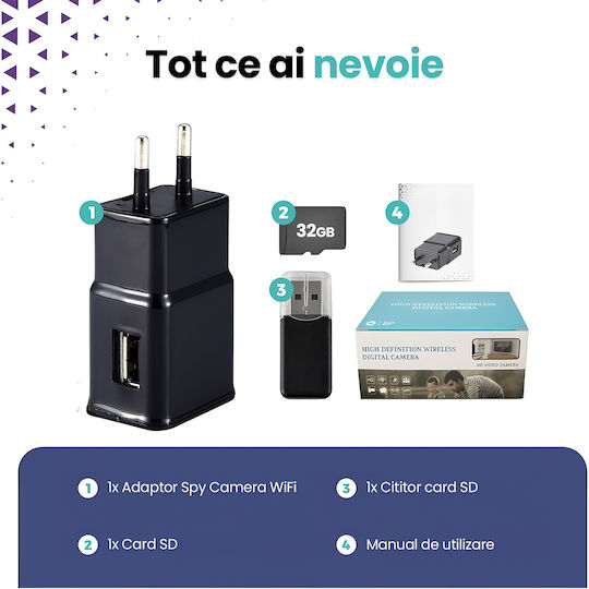 Cameră Spion Ascunsă În Încărcător Usb Wifi Card 64gb Full Hd 1080p Detectare Mișcare Aplicație Hdlivecam Vizualizare Live Înregistrare În Buclă Design Discret