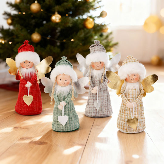 Păpușă Decorativă Înger De Crăciun 30 Cm Figurina Textilă Față Din Ceramică