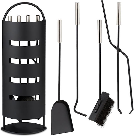 Relaxdays Set De Unelte Și Accesorii Pentru Șeminee Cu Suport Negru