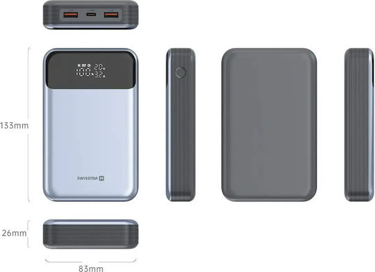Swissten Laptop Power Bank 20000mAh 100W with 2 USB-A Output Ports and USB-C Output Port Power Delivery Gray