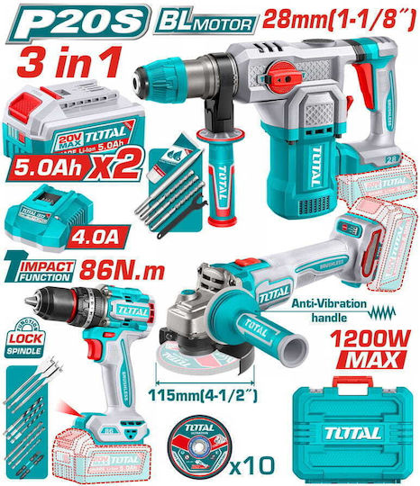 Total TOSLI251195E Σετ Γωνιακός Τροχός, Δραπανοκατσάβιδο & Πιστολέτο Brushless 20V με 2 Μπαταρίες 5Ah
