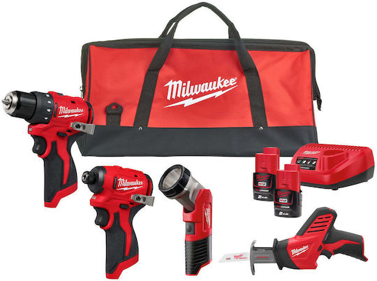 Milwaukee M12™ BLPP4A-202B Set Bohrschrauber & Schlagschraubendreher & Stichsäge & Objektiv Brushless 12V mit 2 Batterien 2Ah und Hülle