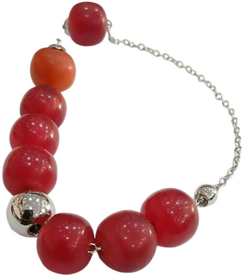 Kalliopi Silver Komboralia Handmade from Stainless Steel with Red Faturan Stone 12mm Length 25cm Red