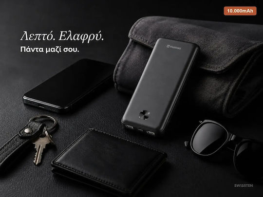 Swissten Power Bank 10000mAh 10.5W με 2 Θύρες USB-A και Θύρα USB-C Μαύρο