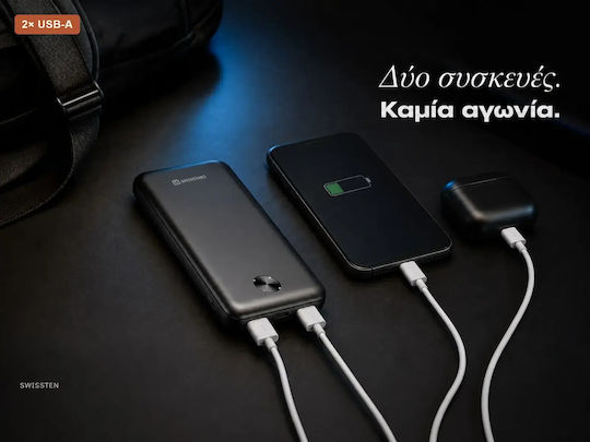 Swissten Power Bank 10000mAh 10.5W με 2 Θύρες USB-A και Θύρα USB-C Μαύρο