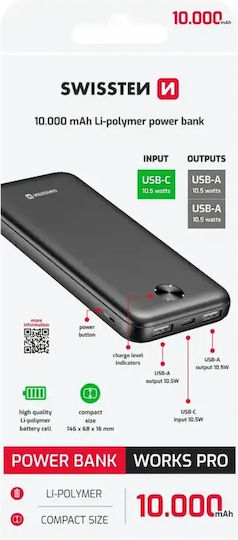 Swissten Power Bank 10000mAh 10.5W με 2 Θύρες USB-A και Θύρα USB-C Μαύρο