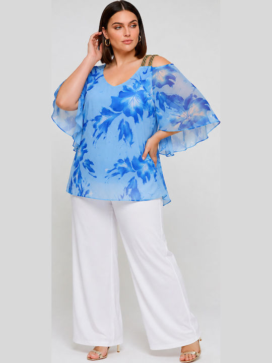 Damenbluse Schulterfrei mit einem Schulter Blumen Hellblau