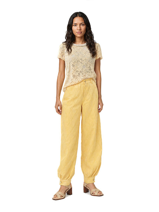 Pants Women C.manolo Γυναικείο Ψηλόμεσο Υφασμάτινο Παντελόνι σε Balloon Γραμμή Κιτρινο
