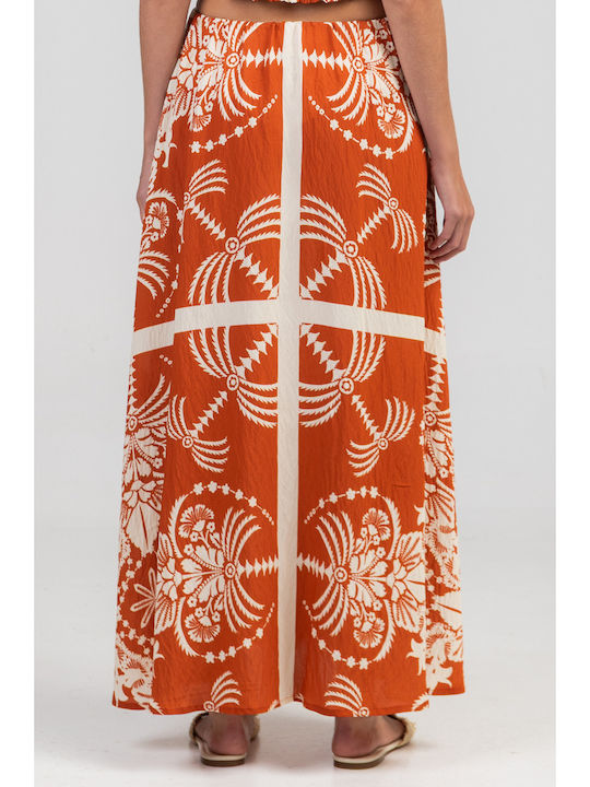Ψηλόμεση Maxi Φούστα Floral Πορτοκαλί