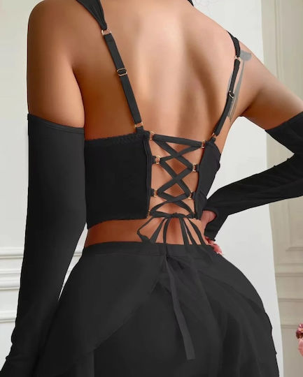 Roza Rz801 Sexy Babydoll Lingerie Set 5 Τεμαχίων Corset Chain Choker Φούστα & Gloves Μαύρο