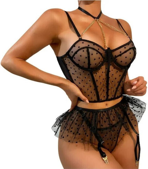 Roza Rz605 Sexy Transparent Polka Dot Lingerie Set Transparency Garters & Tulle Skirt