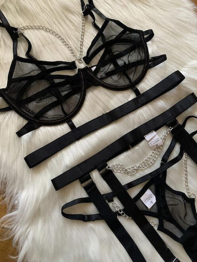 Roza Rz2043 Sexy Σετ Εσωρούχων Ζαρτιέρα Αλυσίδες & Garter Belt Μαύρο
