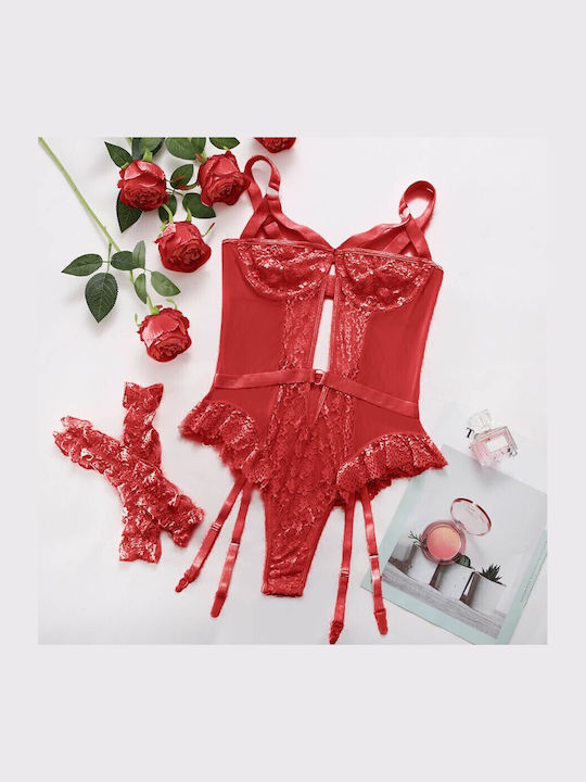 Roza Rz610 Sexy Bodysuit Lace & Garters Red – Women Lingerie Bodysuit
