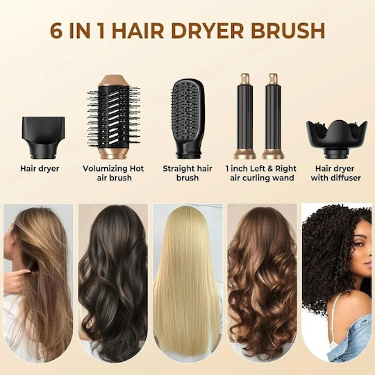 6in1 Ceramic Electric Hair Brush with Air for Hair Straightening and Curls 1000W