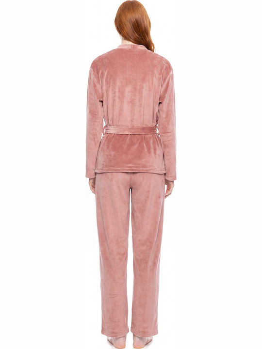 Pink Label Χειμερινό Γυναικείο Σετ Πιτζάμας Βελουτέ Dusty Pink