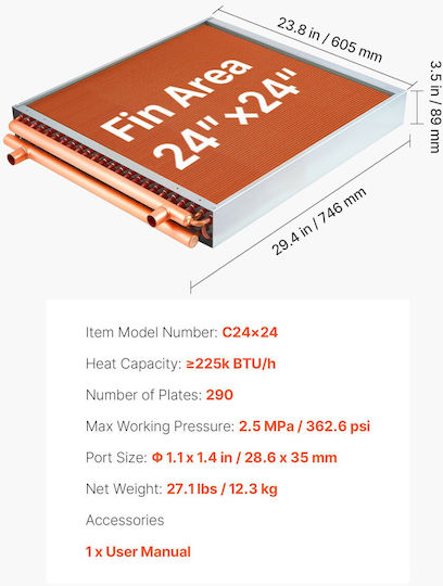 Schimbător De Căldură Vevor Water To Air 610 X 610 Mm Serpentină Schimbător De Căldură Hvac Aripioare Țeavă Hvac Țevi De Cupru & Aripioare De Aluminiu Ieșire 225k Btu Pentru Cuptoare Exterioare Pe Lemne Sisteme De Încălzire Răcire Hidronică