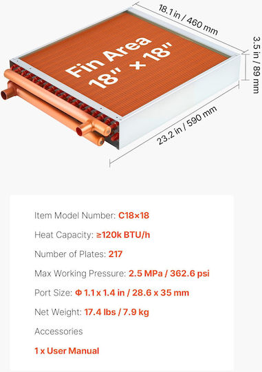 Heat Exchanger Vevor Water to Air Coil Heat Exchanger HVAC Fins 457 x 457 mm Copper Tubes & Aluminum Fins Output 120k BTU Outdoor Wood Furnaces Hydronic Heating Cooling Systems
