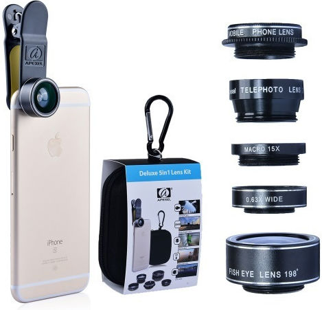Apexel Apl-dg5 Mobile Lens Kit 5 in 1 Fisheye Wide Macro Telescope CPL Smartphones Tablets
