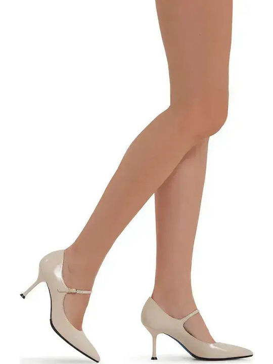 Leather Pointed Toe Heels with Strap & High Heel Beige