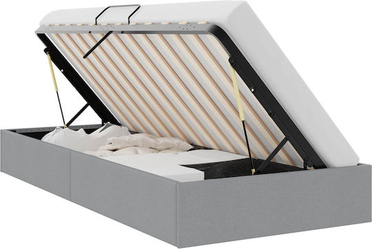 Pat Single Tapițat cu Material Gri cu Spațiu de Stocare Plăci și Saltea 100x203cm