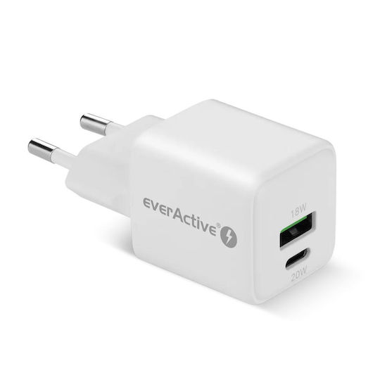 EverActive Зарядно без кабел GaN с USB-A порт и USB-C порт 20W Power Delivery / Quick Charge 3.0 Бял (SC-330Q)