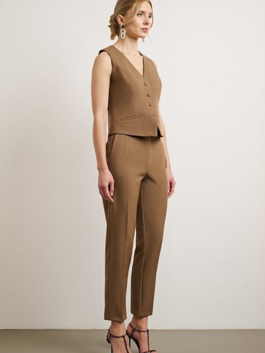 Women's High-waisted Fabric Trousers Slim Fit Brown