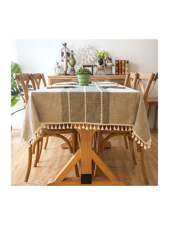 FRIPIA Leinen Tischtuch mit Stickerei Grau 140x200cm