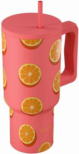 Estia Ανακυκλώσιμο Handled Tumbler Θερμός Ανοξείδωτο BPA Free 900ml ORANGE POP με Καλαμάκι και Λαβή