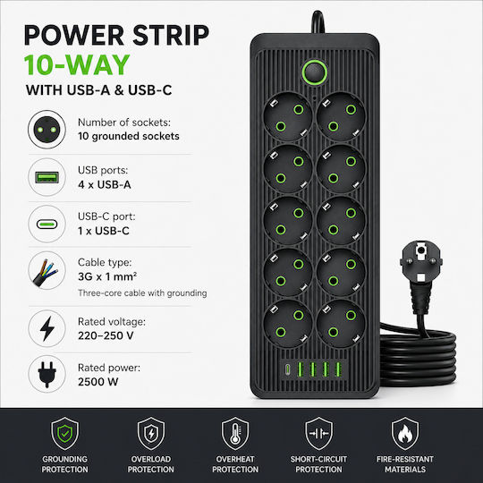 Захранваща Лента 4 Гнезда с 4 USB-A USB-C Превключвател и Кабел 2m