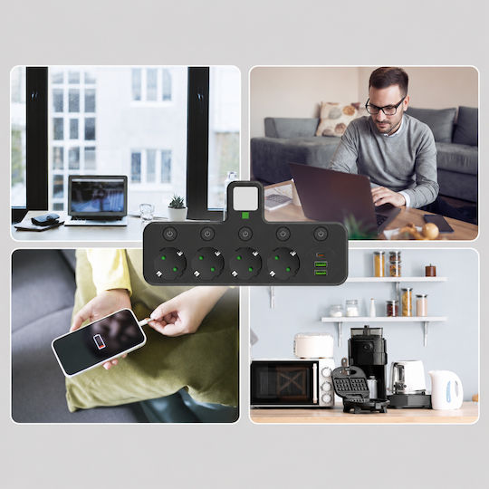 Захранваща Лента 4 Гнезда с 2 USB-A и USB-C