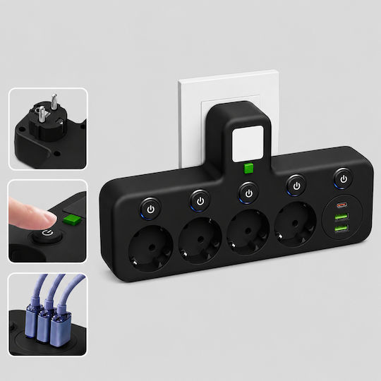 Захранваща Лента 4 Гнезда с 2 USB-A и USB-C