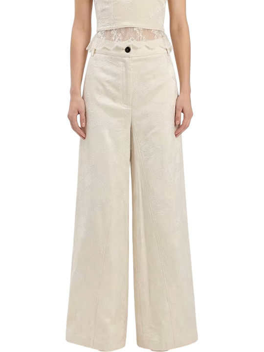 Women's High Rise Linen Capri Trousers in Regular Fit Floral Beige