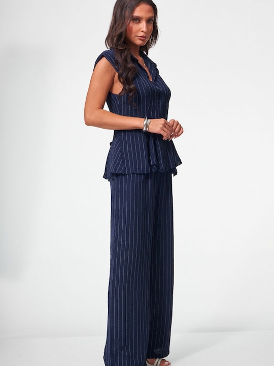 Damen Marineblaues Dunkles Set mit gestreiften Hosen