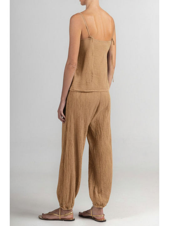 Women's Fabric Trousers with Rubber Band in Loose Fit Brown