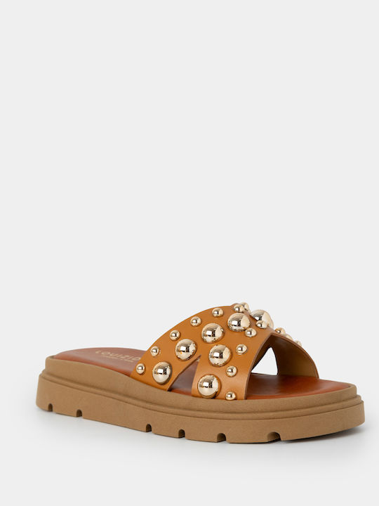 Leather Women's Flat Sandals Tabac Brown