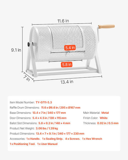 Vevor Raffle Drum 295 X 167 Mm 2500 Tickets Or 100 Ping Pong Balls Reinforced Handle Stable Triangular White Base Cjg12ycjsdzjsj9gk002v0