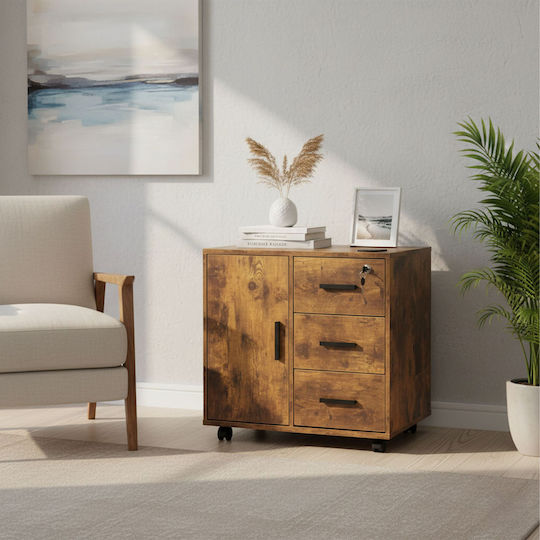 Office Storage Drawer Wooden with Wheels and Lock Brown 60x40x57cm