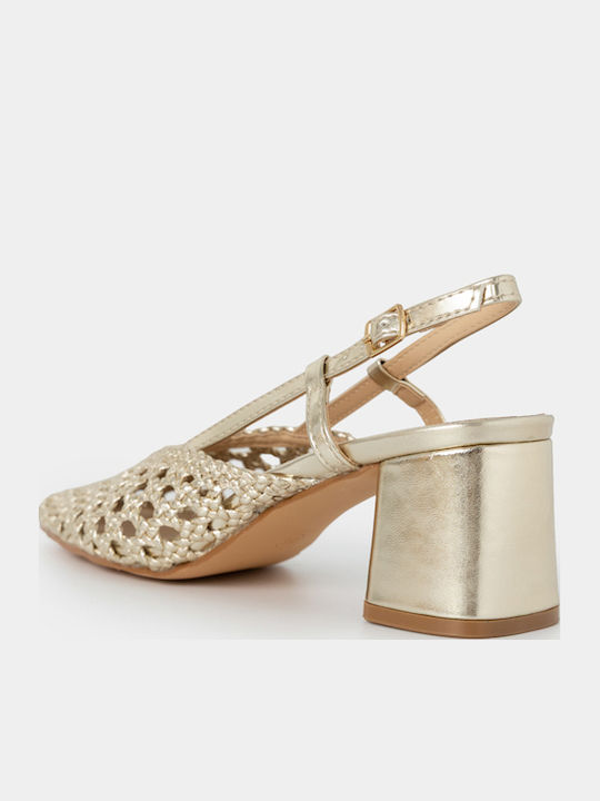 Pointed Toe Heels with Strap & Chunky Medium Gold Heel